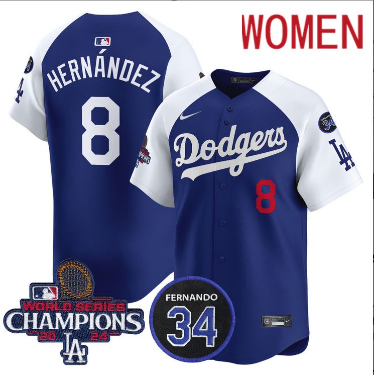 Women MLB Los Angeles Dodgers 8 Hernandez blue 2024 World Series Champions Patch Limited Jersey style 5